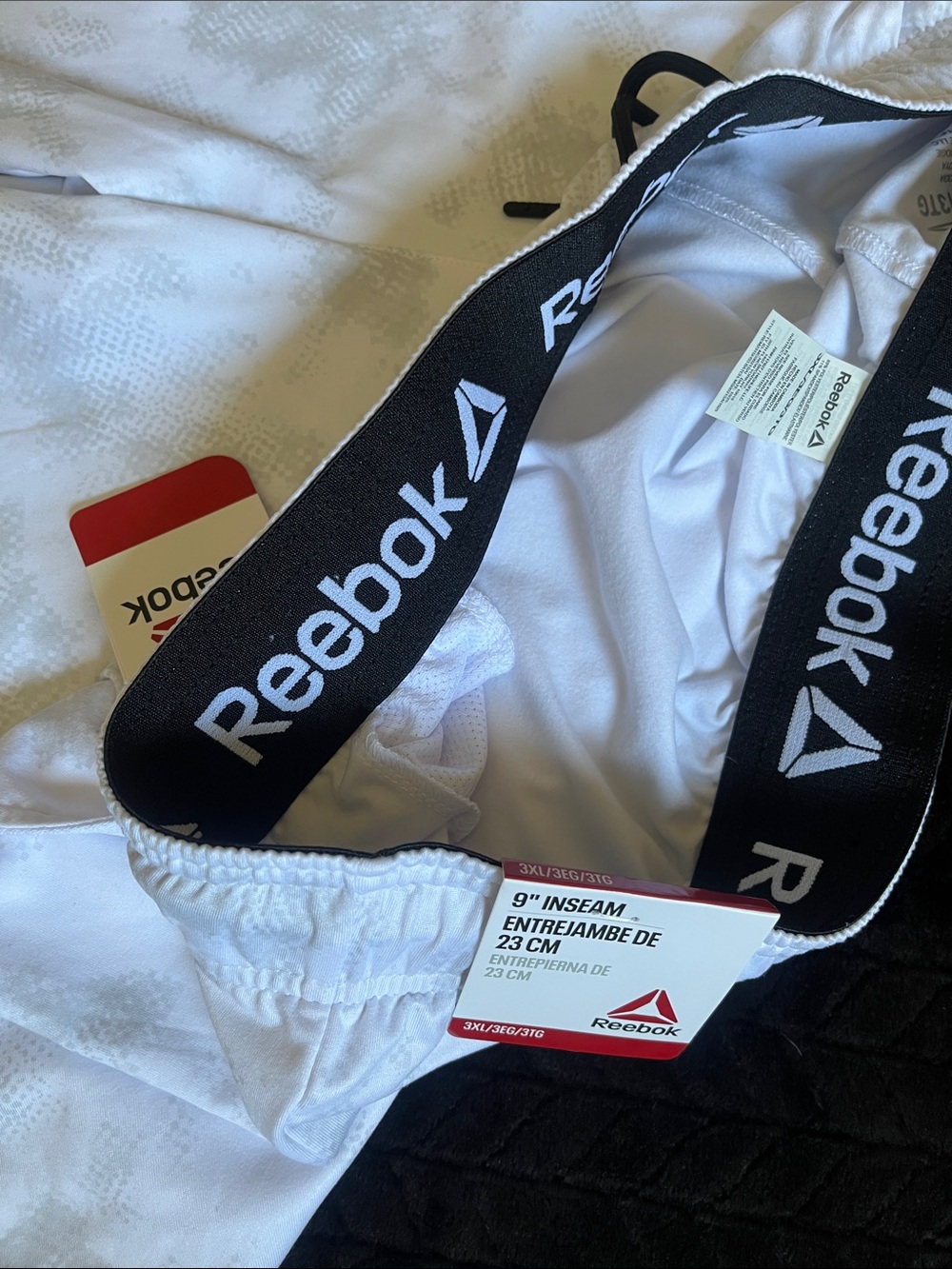 Reebok White Athletic Shorts with Light Gray Camo and Black Drawcord - Picture 6 of 8